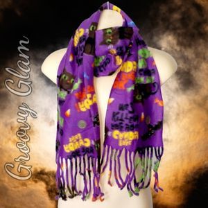 GROOVY GLAM Handmade Purple Halloween Cats Fringed Scarf
